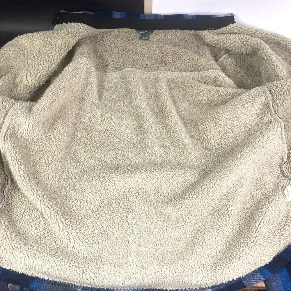 Eddie Bauer Sherpa-Lined Fleece Youth Sz 14/16 Blue Plaid Snap-Up Shacket